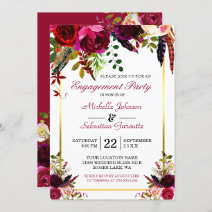 Burgundy Marsala Rustic Floral Engagement Party Einladung