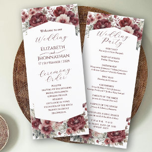 Burgundy Marsala Rustic Floral Watercolor Wedding Programm