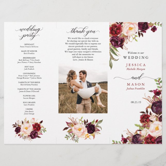 Burgundy Marsala Tri-Fold Wedding Program Foto Flyer (Vorne)