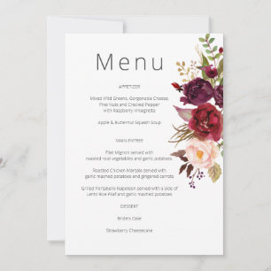 Burgundy Marsala und Blush Blumenmenü - Weiß Einladung