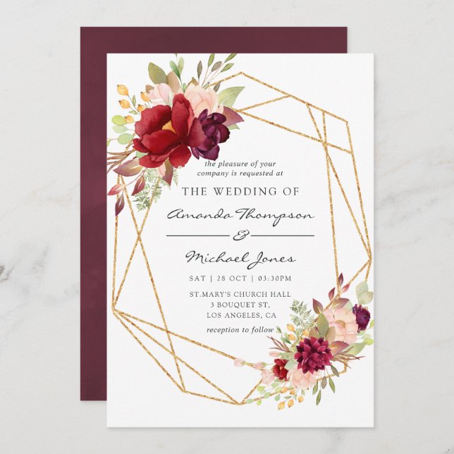 Burgundy-Marsala und Blush Boho Geometric Wedding Einladung (Vorne/Hinten)
