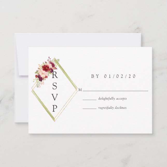 Burgundy-Marsala und Blush Boho Geometric Wedding RSVP Karte (Vorderseite)