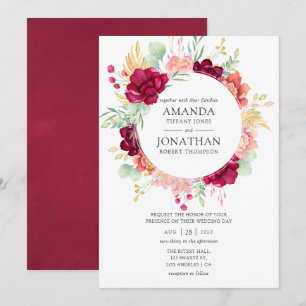 Burgundy - Marsala und roséfarbene Floral-Hochzeit Einladung