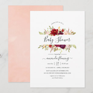 Burgundy - Marsala und roséfarbene florale Babypar Einladung