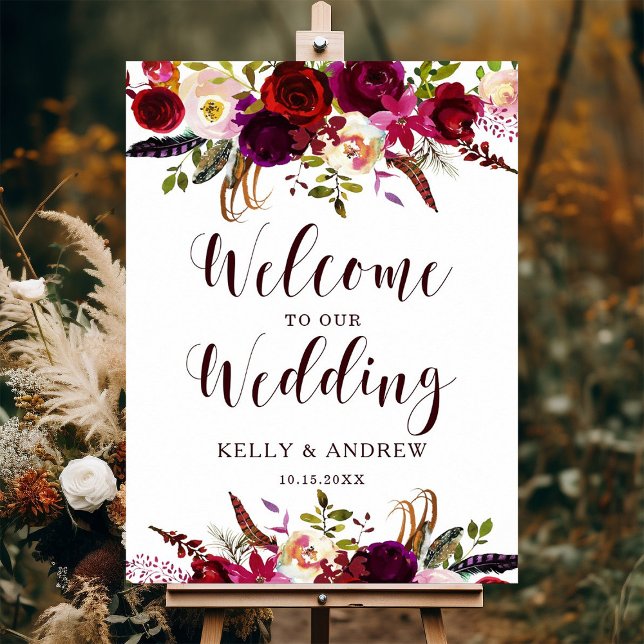 Burgundy Marsala Watercolor Begrüßung Hochzeit der Poster (Von Creator hochgeladen)