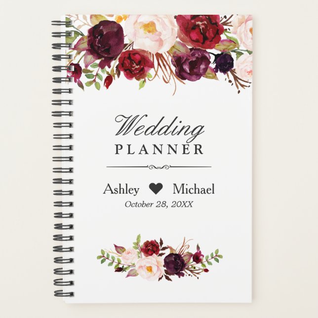 Burgundy Marsala Watercolor Red Floral Wedding Planer (Vorderseite)