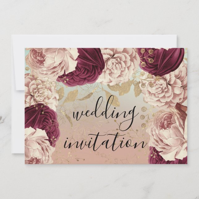 Burgundy Marsala Wedding Rose Blue Rose Blumenstra Einladung (Vorderseite)