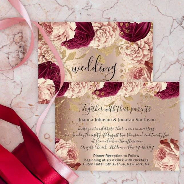 Burgundy Marsala Wedding Rose Gold Rose Rosa Einladung (Burgundy Marsala Wedding Rose Gold Roses Pink Invitation)
