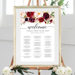 Burgundy Marsala Wedding Seating Chart Sign Poster