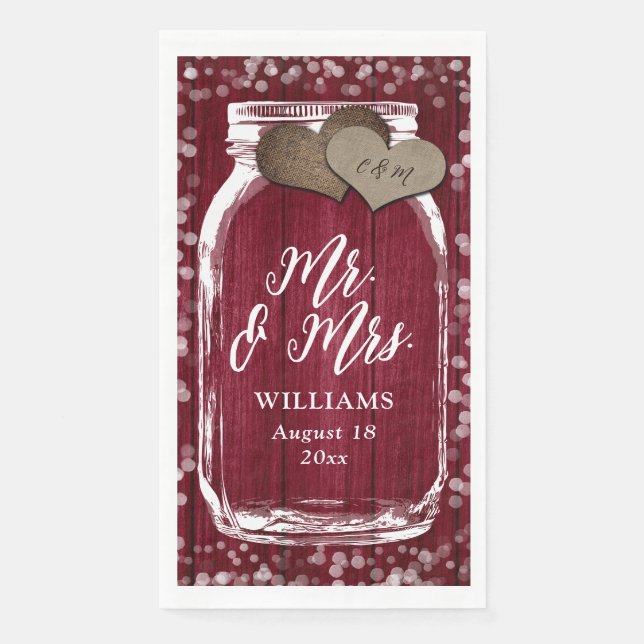 Burgundy Mason Jar Barn Wood Mr & Mrs Wedding Serviette (Vorderseite)