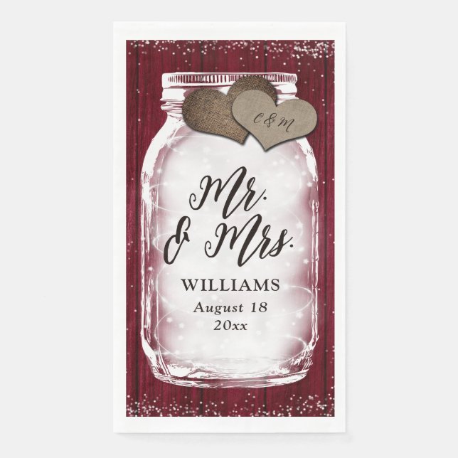 Burgundy Mason Jar Barn Wood Mr & Mrs Wedding Serviette (Vorderseite)