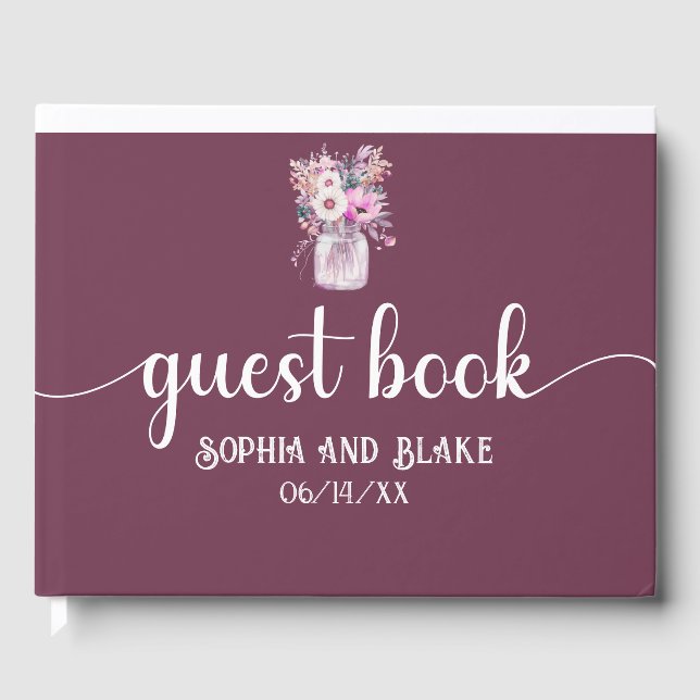 Burgundy Mason Jar mit Blume Hochzeit Gästebuch (Vorderseite)