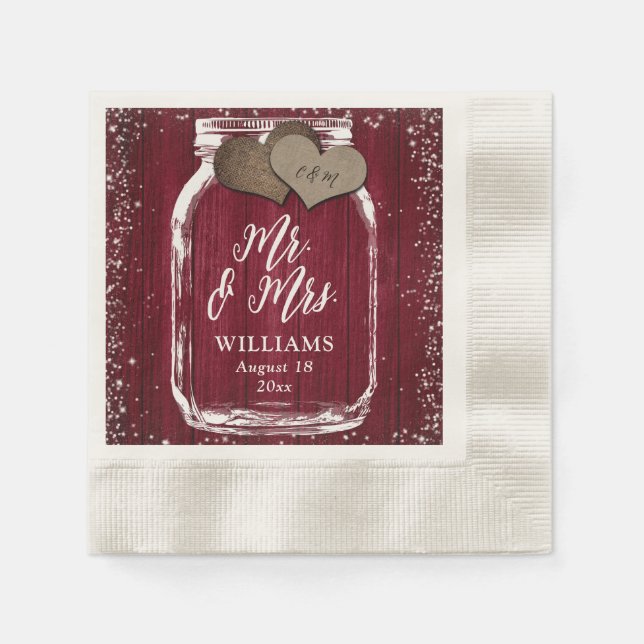 Burgundy Mason Jar Rustic Wood Mr & Mrs Wedding Serviette (Vorderseite)
