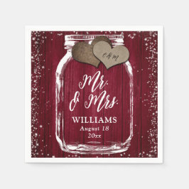Burgundy Mason Jar Rustic Wood Mr & Mrs Wedding Serviette