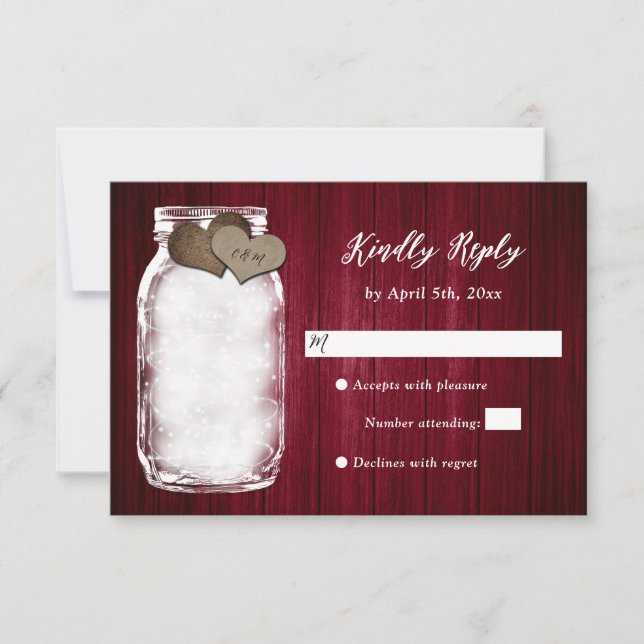 Burgundy Mason Jar Wood Lights Wedding RSVP Card Karte (Vorderseite)
