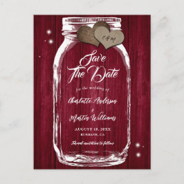 Burgundy Mason Jar Wood Wedding speichern das Datu Ankündigungspostkarte