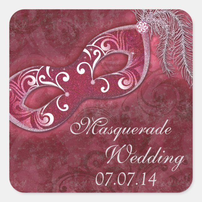 Burgundy Masquerade Ball Mardi Gras Wedding Quadratischer Aufkleber (Vorderseite)
