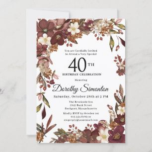 Burgundy Mauve Ivory Fall Floral 40. Geburtstag Einladung
