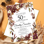 Burgundy Mauve Ivory Fall Floral 50. Geburtstag Einladung<br><div class="desc">Elegante bordeauxfarbene,  violette und elfenbeinweiße Blume schaffen einen sehr hübschen Blumenrahmen. Beeren und Äste geben ihm ein modernes und rustikales Boho-Ambiente. Der Name des Geburtstagsfeiers ist in einem zeitlosen Script-Schriftart geschrieben. Dieser Artikel ist Teil der Sammlung Burgund,  Mauve und White Floral.</div>