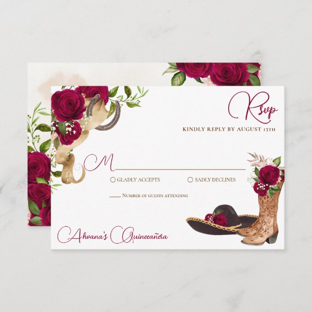 Burgundy Merlot Charro Western Quinceanera RSVP Karte (Vorne/Hinten)