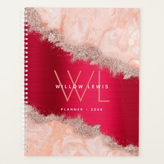Burgundy Metallic Rose Gold Glitzer Monogram Planer (Vorderseite)