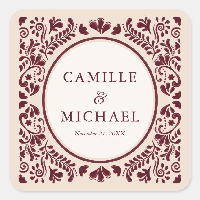 Burgundy Mexican Talavera Wedding Sticker (Vorderseite)