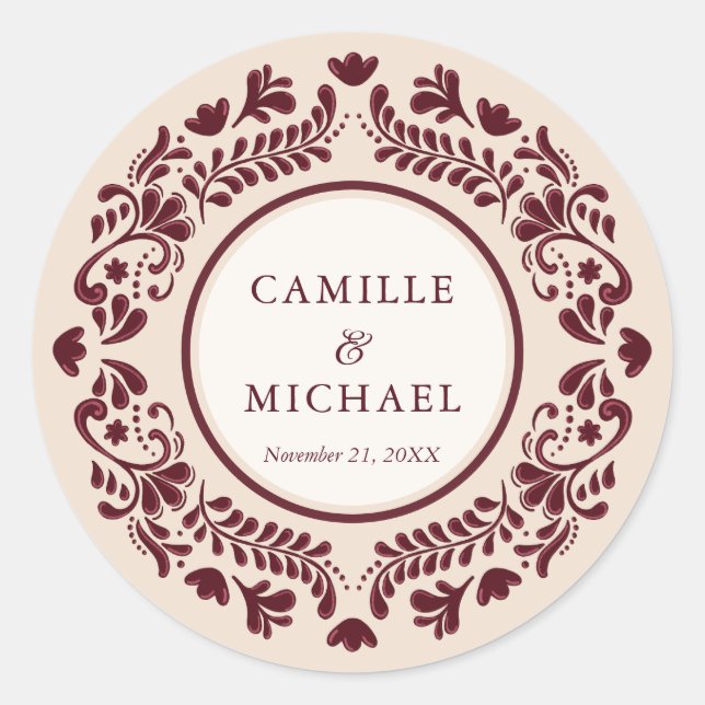 Burgundy Mexican Talavera Wedding Sticker (Vorderseite)