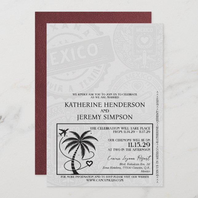 Burgundy Mexico Passport Wedding Einladung (Vorne/Hinten)
