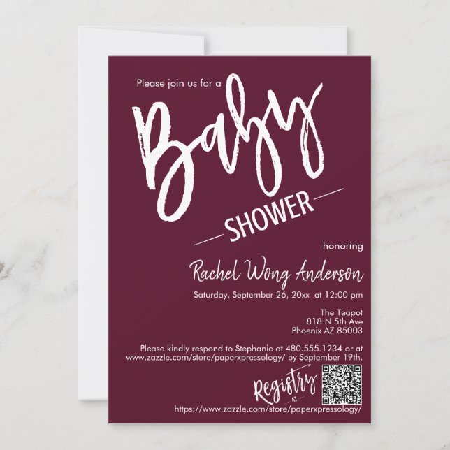 Burgundy Minimal Script Baby Shower QR Code Foto Einladung (Vorderseite)