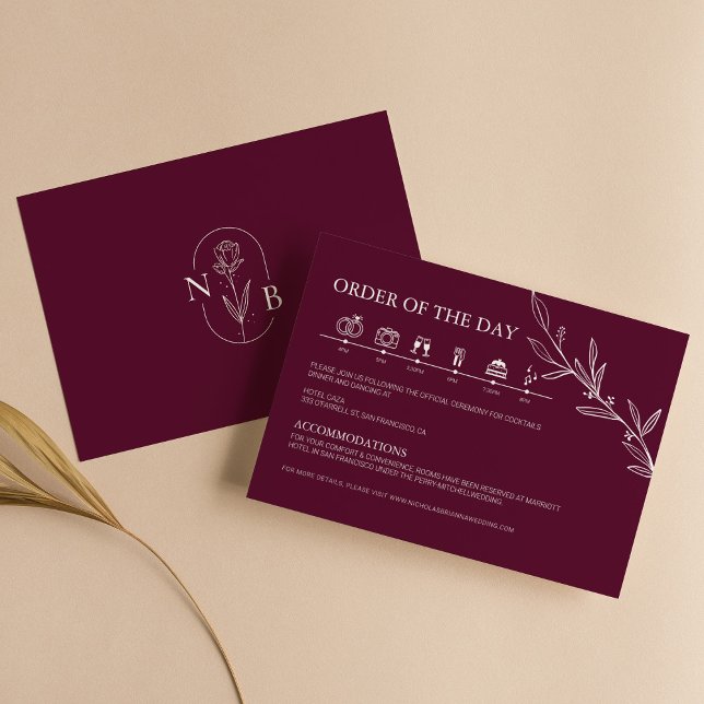 Burgundy Minimalist Boho Wedding Timeline Begleitkarte (Von Creator hochgeladen)