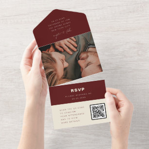 Burgundy-Minimalist-Hochzeitsfoto-QR-Code-RSVP All In One Einladung