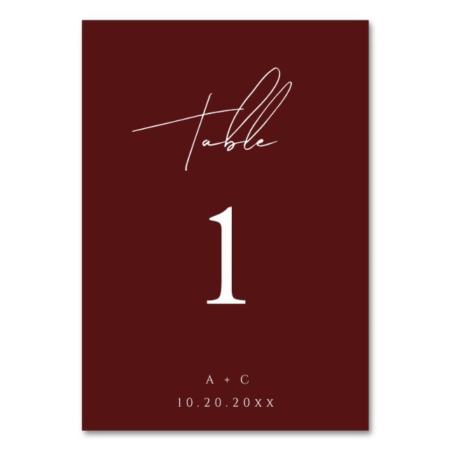 Burgundy Minimalistisch Modern Wedding Table Card Tischnummer (Vorderseite)
