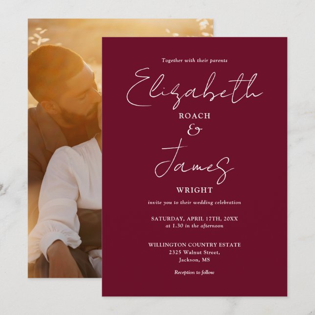 Burgundy Minimalistisch Script Foto Wedding Einladung (Vorne/Hinten)