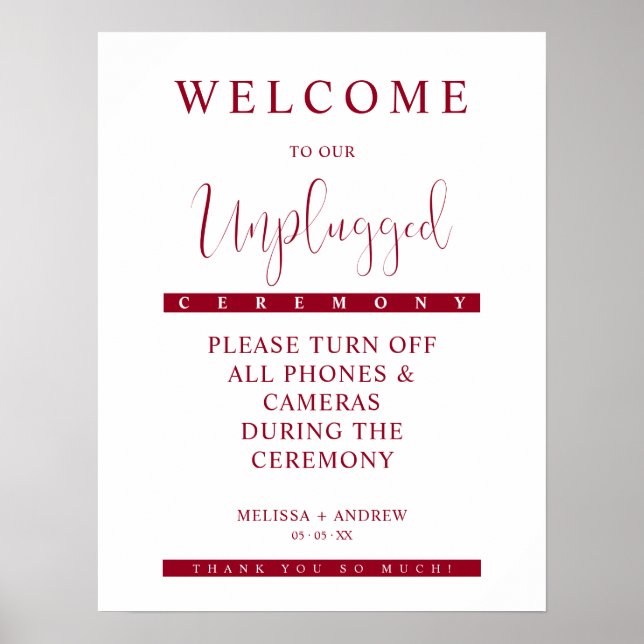 Burgundy Minimalistisch Unplugged Wedding Sign Poster (Vorne)