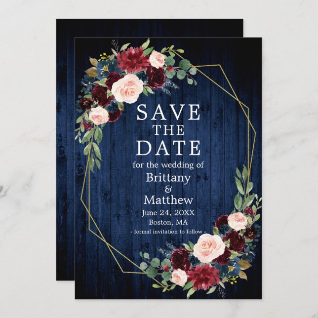 Burgundy Mixed Floral Blue Wood Geo Rahmen Save The Date (Vorne/Hinten)