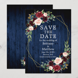 Burgundy Mixed Floral Blue Wood Geo Rahmen Save The Date