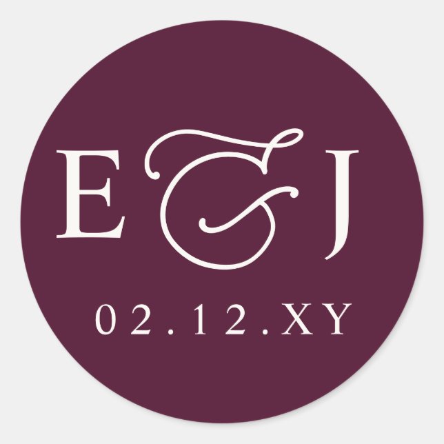 Burgundy Modern Initials Monogram Wedding Runder Aufkleber (Vorderseite)