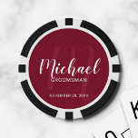 Burgundy Moderne Script Personalisierte Trauzeugen Pokerchips<br><div class="desc">Fügen Sie Ihrer Hochzeit eine persönliche Touch mit personalisierten Trauzeugen Poker Chips. Dieses Design zeichnet sich durch den Namen der personalisierten Trauzeugen im modernen, weißen Skript-Schriftart-Stil und Monogramm in hellbordeauxrot modernen Drehbuch-Schriftart-Stil als Hintergrund mit Titel und Hochzeitdatum in weiß modernen Sans Serif Schriftart Stil auf burgundy roten Hintergrund. Auch perfekt...</div>