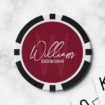 Burgundy Moderne Script Personalisierte Trauzeugen Pokerchips<br><div class="desc">Moderne Minimalistische Personalisierte Monogramm- und Namensgeschenke Dieses Design zeichnet sich durch einen personalisierten Namen im modernen Schreibstil aus. Moderne Schrift im Schriftart und Monogramm in hellbordeauxroten, modernen Sans Serif-Schriftart-Stil als Hintergrund aus. Der Titel ist im Schriftart in Weiß, modern und serifenartig, auf bordeauxrotem Hintergrund. Auch perfekt für Trauzeuge, Trauzeugin, Brautmädchen...</div>