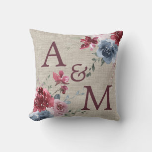 Burgundy Monogram Dusty Rose Blue Floral Linse Kissen