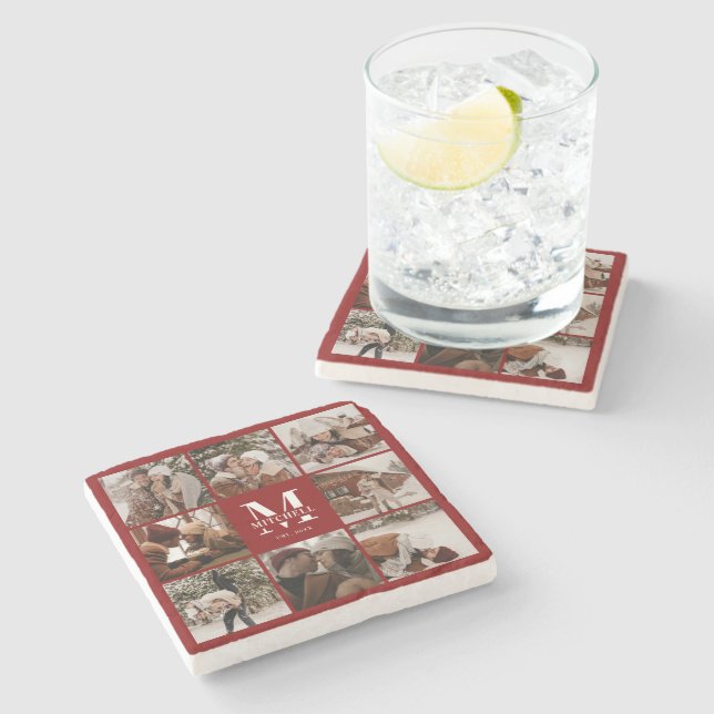 Burgundy Monogram Erstname und Foto Steinuntersetzer (Seitenansicht)