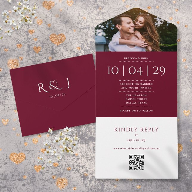 Burgundy Monogram QR Code Foto Hochzeitdatum All In One Einladung (Burgundy Monogram QR Code Photo Wedding Date All In One Invitation)