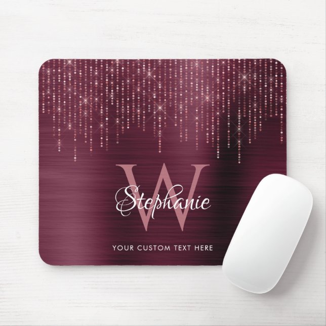 Burgundy Monogram Rose Gold Sparkle Mousepad (Mit Mouse)