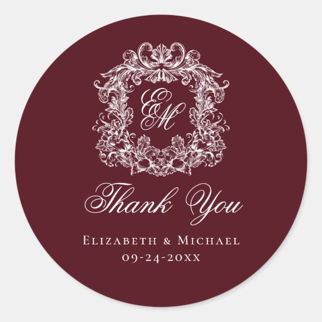 Burgundy Monogram Wedding Crest Thank You Runder Aufkleber (Vorderseite)