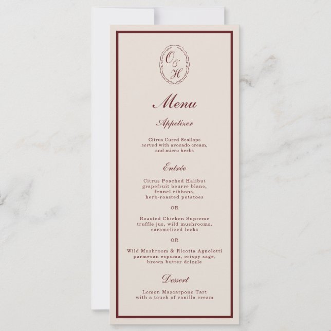 Burgundy Monogram Wedding Long Menu Card Einladung (Vorderseite)