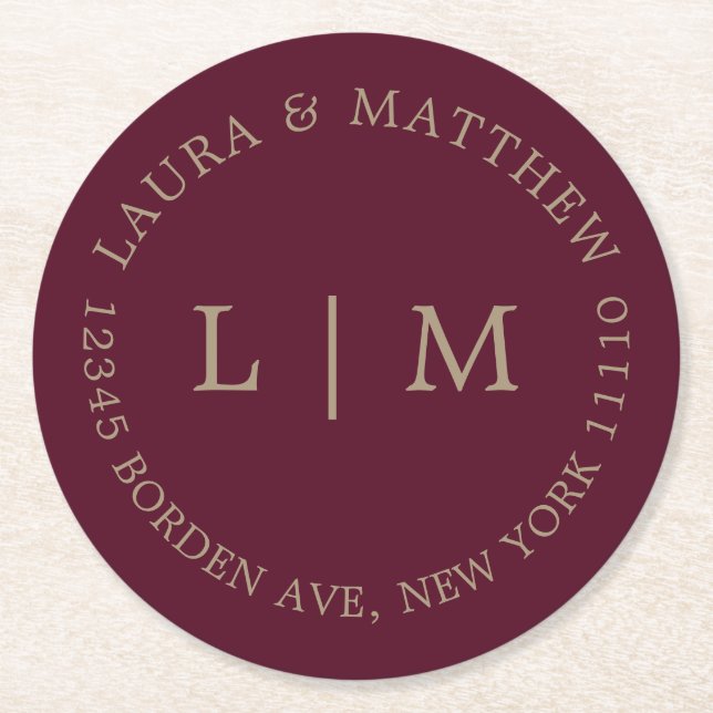 Burgundy Monogram Wedding Runder Pappuntersetzer (Vorderseite)
