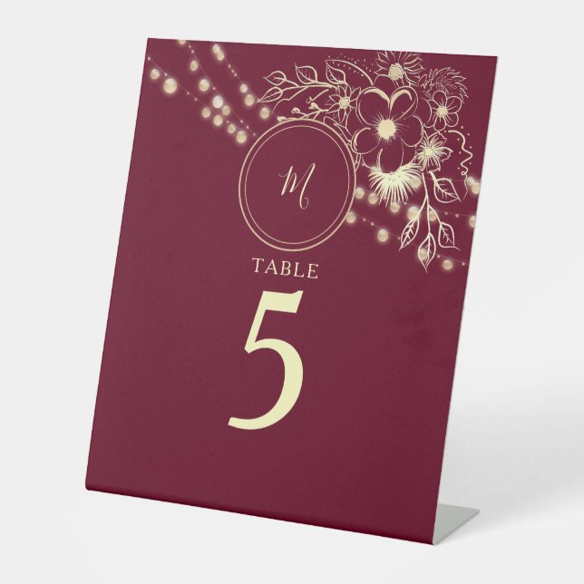 Burgundy Monogram Wedding Tischnummer Sockelschild (Vorderseite)