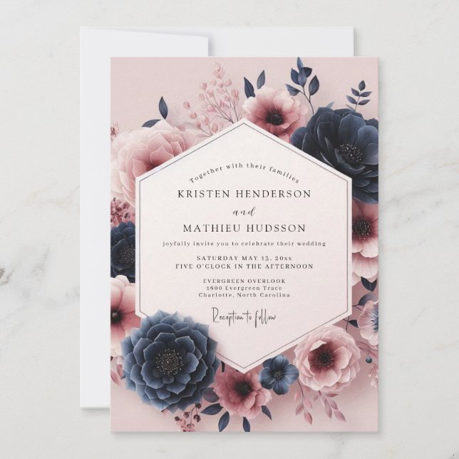 Burgundy Moody Bloom Assemblage Wedding Einladung (Vorderseite)