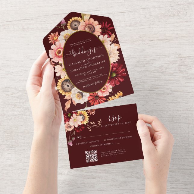 Burgundy Moody Fall Floral Gold QR UAWG Wedding All In One Einladung (Abreißen)