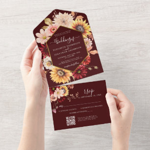 Burgundy Moody Fall Gold Floral QR UAWG Wedding All In One Einladung